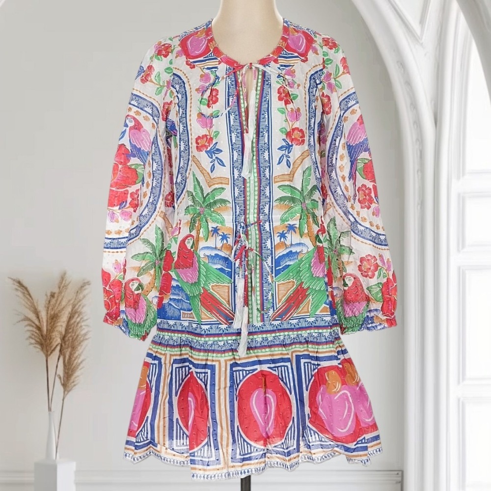 Farm Rio Flowers Beach‎ Off White Mini Dress Womens XS Peasant Dopamine Boho